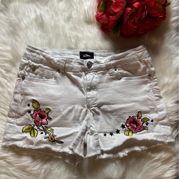 VTG Hudson Jeans Womens White Distress Shorts Rose Print  Embroidery Size 16 - Picture 1 of 6